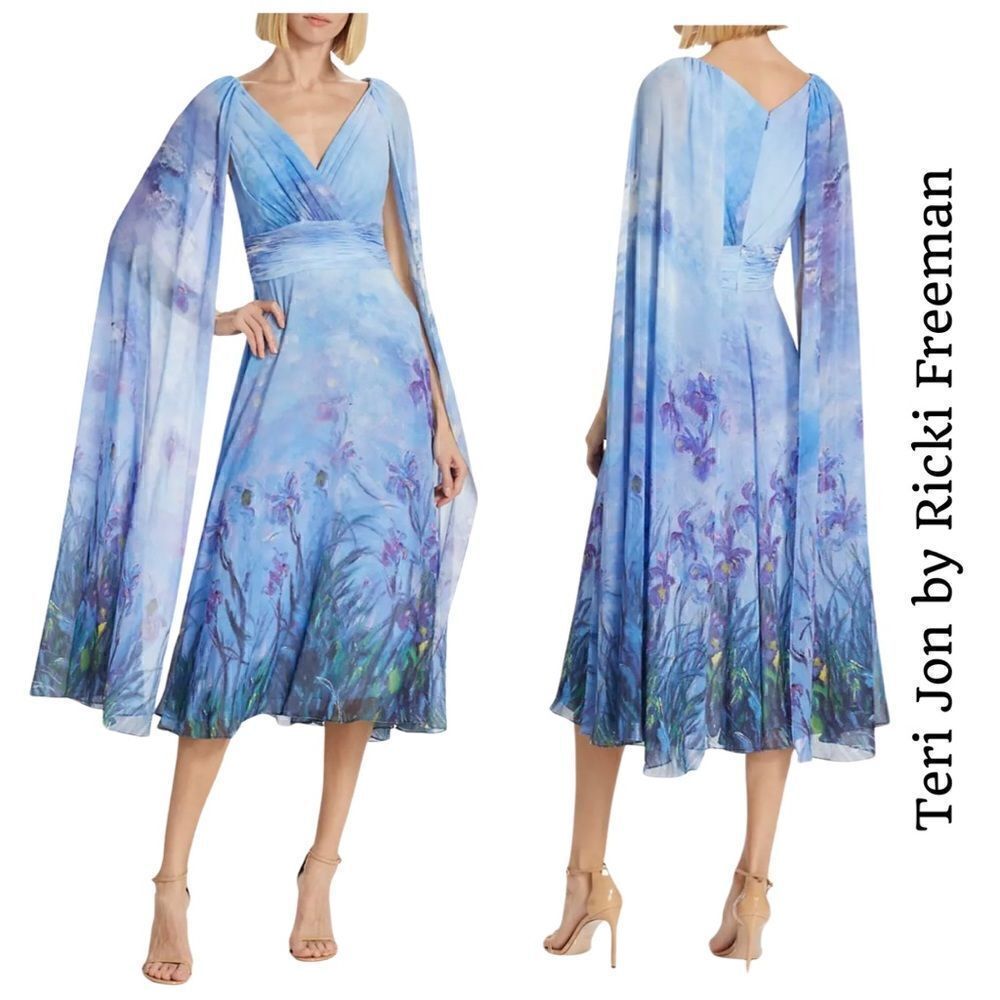 Rickie Freeman for Teri Jon Sky-Blue Floral Cape Sleeve Midi Dress